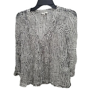 Joie Womens White Black Abstract Dot Semi Sheer Crinkle Silk 3/4 Sleeve Blouse S